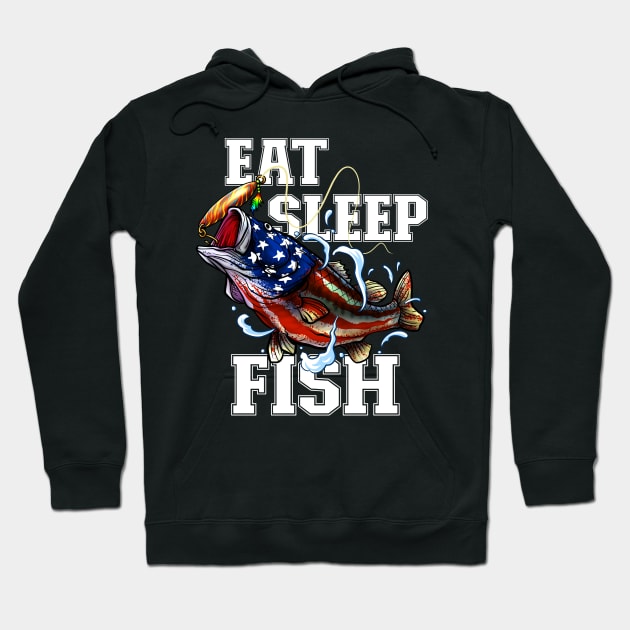 Eat Sleep Fish - American Flag Bass Fishing Hoodie by BDAZ